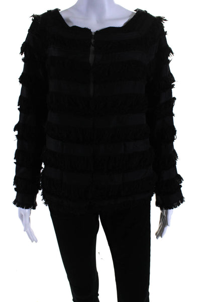 Elizabeth and James Women's Round Neck Long Sleeves Fringe Jacket Black Size M