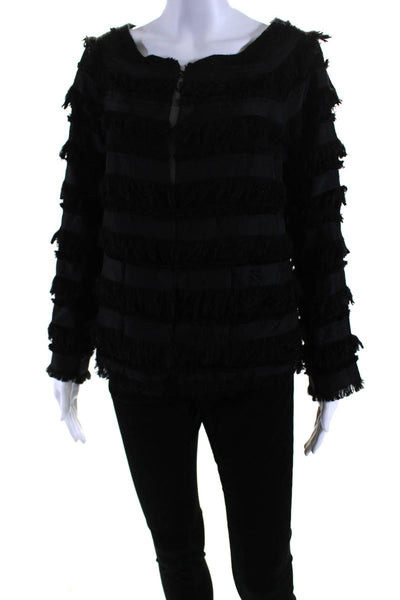 Elizabeth and James Women's Round Neck Long Sleeves Fringe Jacket Black Size M