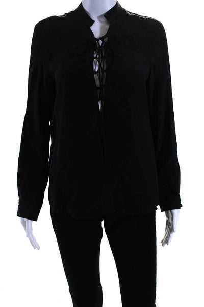 Emerson Thorpe Women's Collared Lace Up Long Sleeves Silk Blouse Black Size M