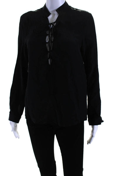 Emerson Thorpe Women's Collared Lace Up Long Sleeves Silk Blouse Black Size M