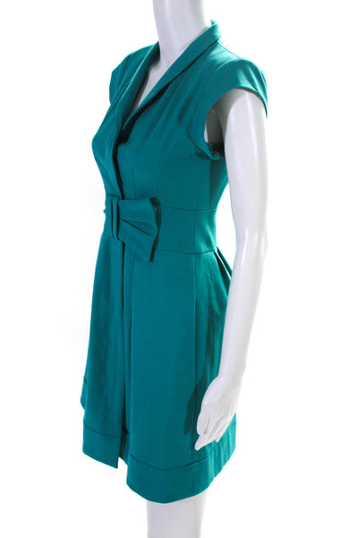 Nanette Lepore Womens Collared Cap Sleeve Bow Front A-Line Dress Teal Size 0