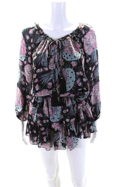 Love Shack Fancy Womens Silk Floral Print Ruffled Blouson Dress Black Size XS