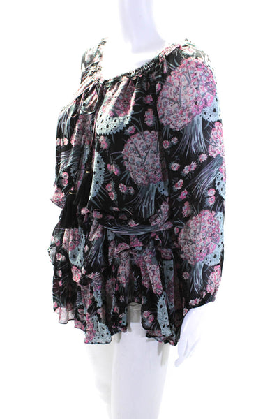 Love Shack Fancy Womens Silk Floral Print Ruffled Blouson Dress Black Size XS