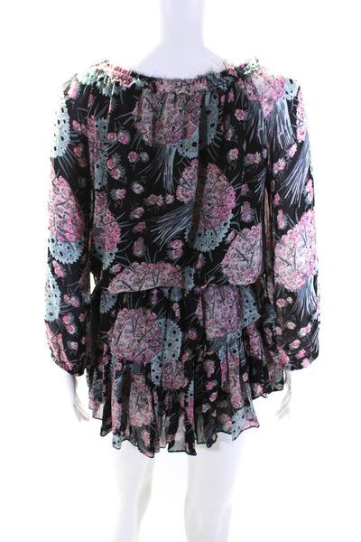 Love Shack Fancy Womens Silk Floral Print Ruffled Blouson Dress Black Size XS