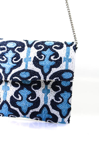 Tiana Womens Embroidered Abstract Print Beaded Snap Buttoned Clutch Handbag Blue