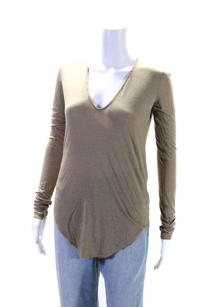 Helmut Lang Womens Jersey Knit V-Neck Long Sleeve Tee T-Shirt Brown Size S