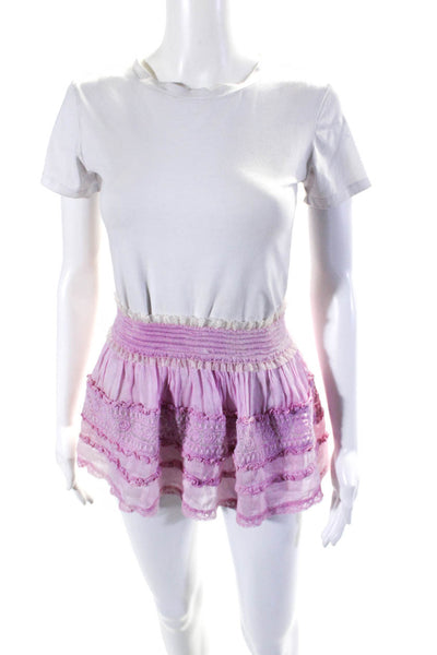 Sunday Womens Cotton Floral Embroidered Ruffled Trim Mini Skirt Pink Size M