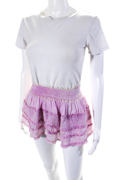 Sunday Womens Cotton Floral Embroidered Ruffled Trim Mini Skirt Pink Size M