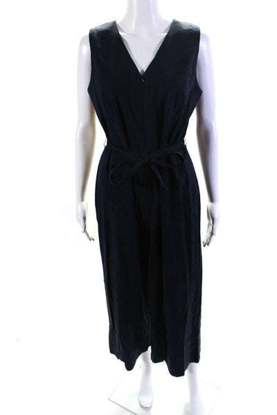 T Tahari Womens Front Zip Sleeveless V Neck Belted Linen Jumpsuit Blue Size 4