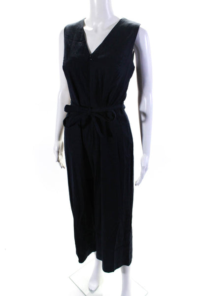 T Tahari Womens Front Zip Sleeveless V Neck Belted Linen Jumpsuit Blue Size 4