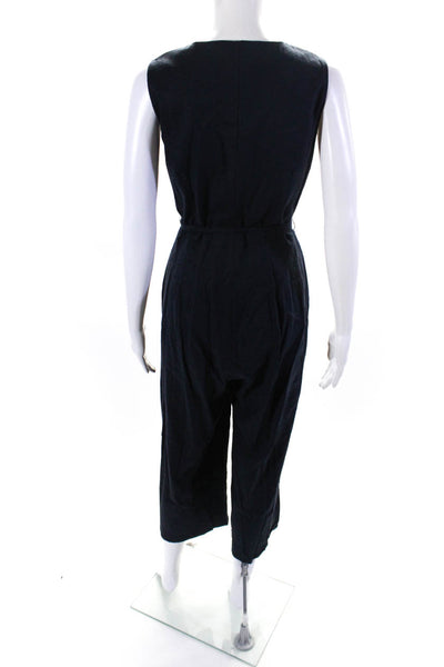 T Tahari Womens Front Zip Sleeveless V Neck Belted Linen Jumpsuit Blue Size 4