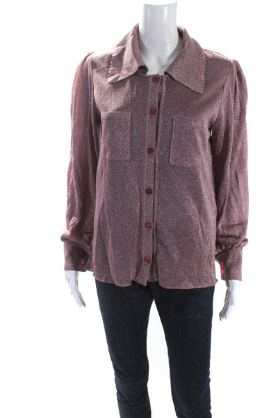 STMA Stefania Marra Womens Metallic Collared Button Up Blouse Top Pink Size 44