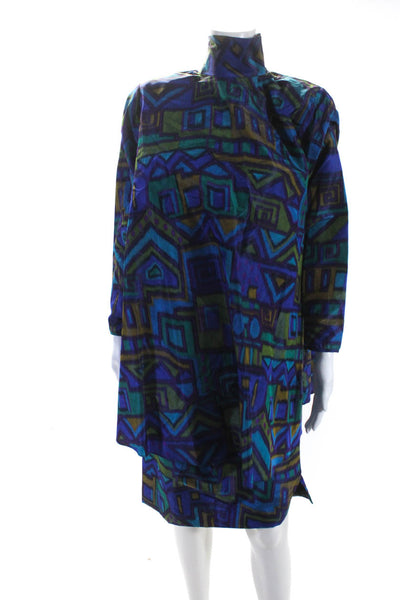 Peggy Jennings Womens Geometric Printed Blouse Top Pencil Skirt Set Blue Size S