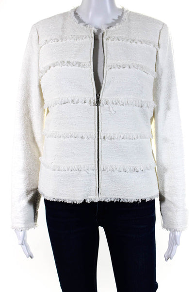 Rebecca Taylor Womens Cotton Tweed Full Zip Fringe Trim Jacket White Size 10