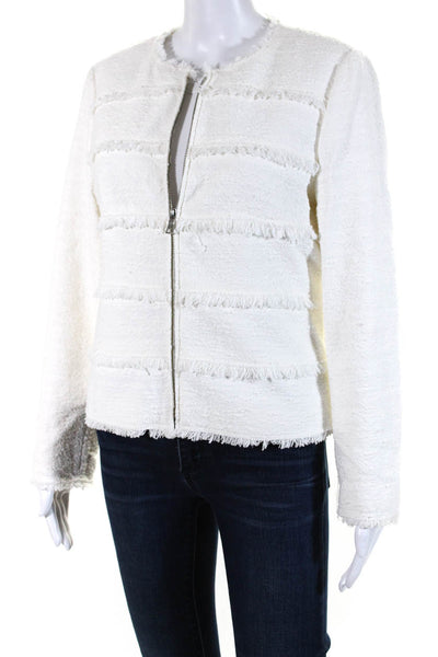 Rebecca Taylor Womens Cotton Tweed Full Zip Fringe Trim Jacket White Size 10