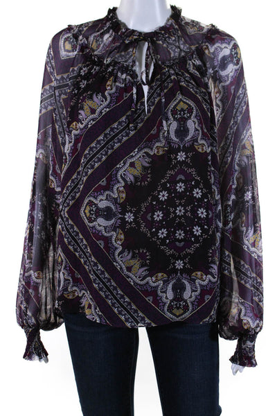 Ramy Brook Womens Silk Paisley Print V Neck Long Sleeve Blouse Purple Size M