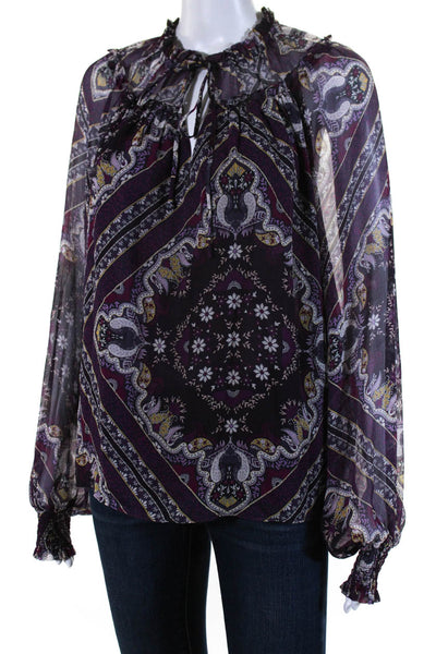 Ramy Brook Womens Silk Paisley Print V Neck Long Sleeve Blouse Purple Size M