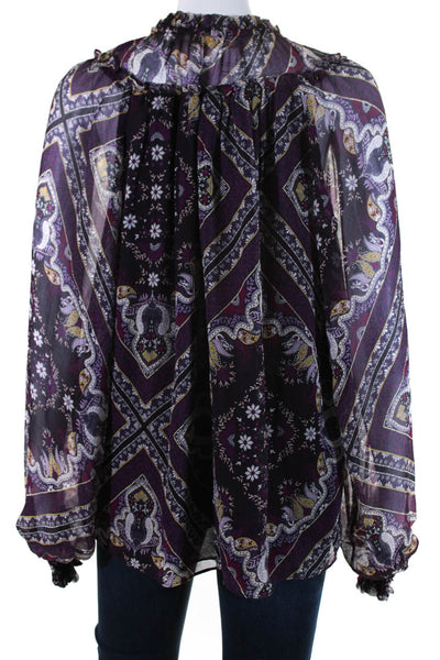 Ramy Brook Womens Silk Paisley Print V Neck Long Sleeve Blouse Purple Size M