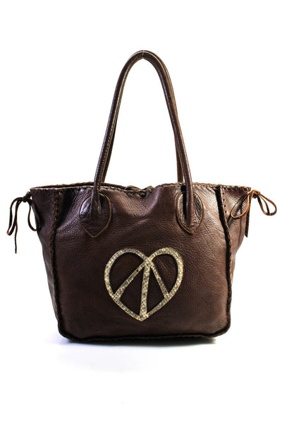 Shelly Litvak Pebbled Leather Heart Peace Double Strap Shoulder Handbag Brown