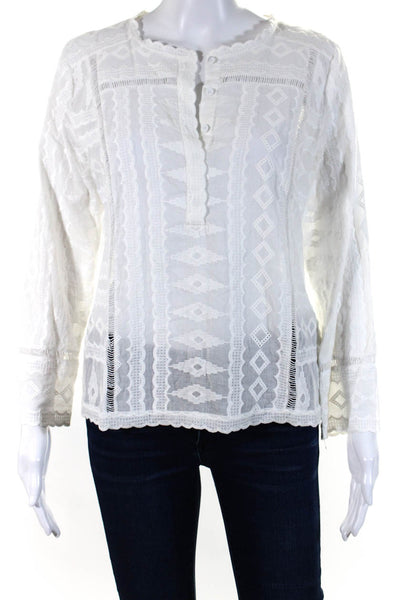 Rebecca Taylor Womens Embroidered Half Button Down Blouse White Size 4