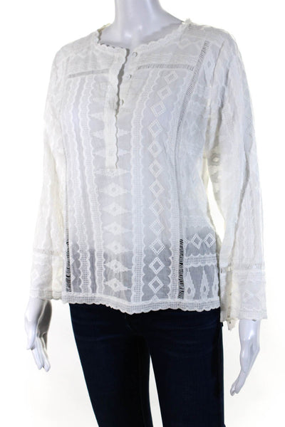 Rebecca Taylor Womens Embroidered Half Button Down Blouse White Size 4