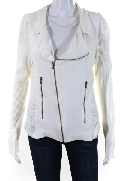 Lola & Sophie Womens Ribbed Zipper Closure Light Jacket White Size Medium