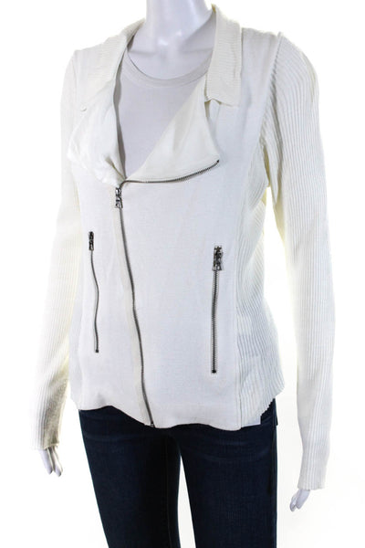 Lola & Sophie Womens Ribbed Zipper Closure Light Jacket White Size Medium