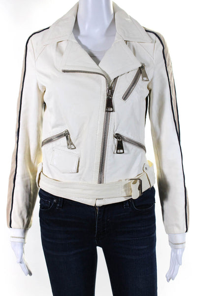 Flo & Clo Womens Leather Belted Motorcycle Jacket White Black Size EUR 42