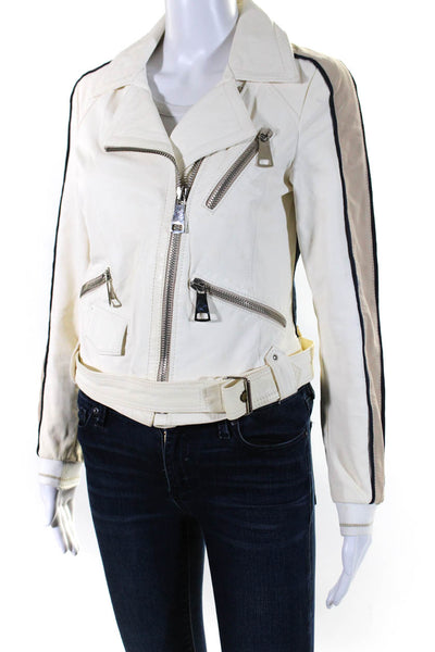 Flo & Clo Womens Leather Belted Motorcycle Jacket White Black Size EUR 42