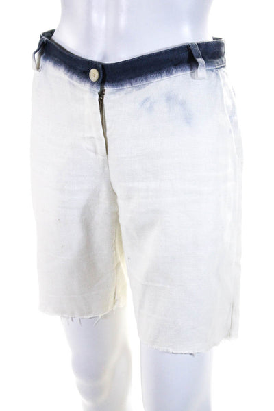 Kes Womens Linen Mid Rise Shorts White Blue Size Extra Small