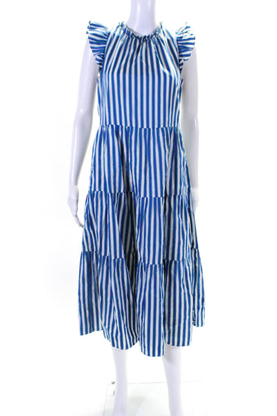 J Crew Womens Side Zip Ruffled Crew Neck Vertical Striped Dress White Blue XS