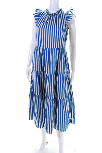 J Crew Womens Side Zip Ruffled Crew Neck Vertical Striped Dress White Blue XS