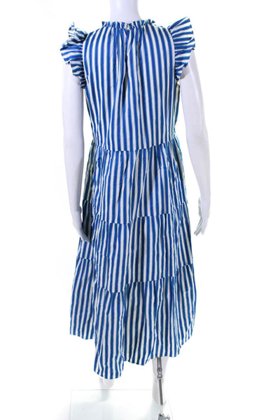 J Crew Womens Side Zip Ruffled Crew Neck Vertical Striped Dress White Blue XS