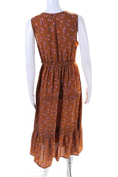 Moon River Womens Sleeveless Crew Neck Floral Bird Midi Dress Brown Pink Small