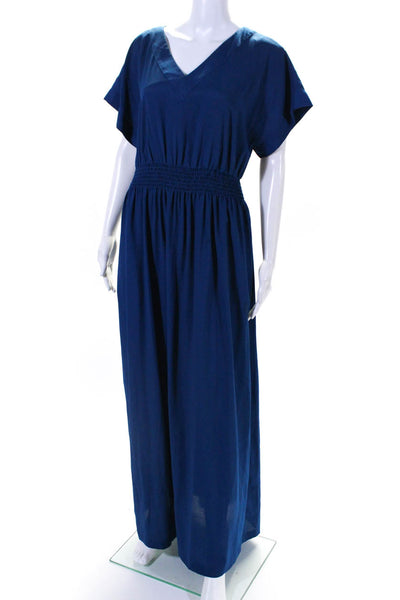 Suzi Chin for Maggy Boutique Womens Smocked V Neck Midi Dress Blue Size 4