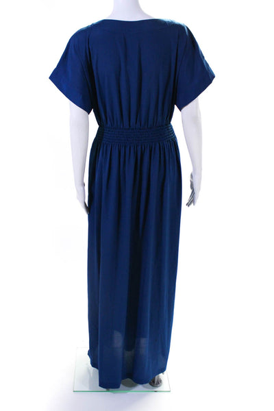 Suzi Chin for Maggy Boutique Womens Smocked V Neck Midi Dress Blue Size 4