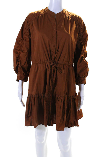 ASTR Womens Button Front 3/4 Sleeve V Neck Dress Brown Cotton Size Extra Small