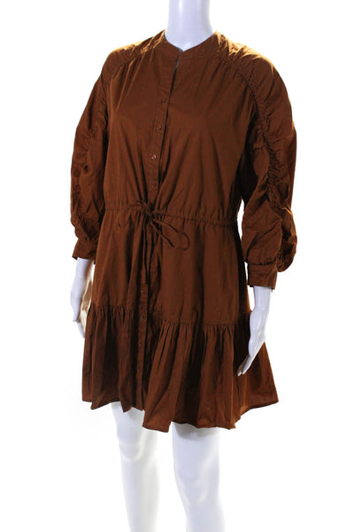 ASTR Womens Button Front 3/4 Sleeve V Neck Dress Brown Cotton Size Extra Small