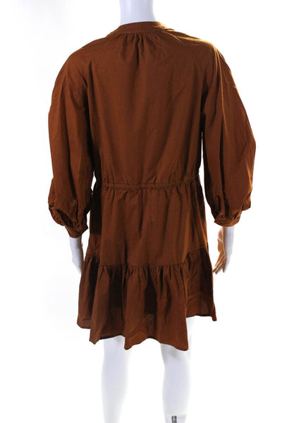 ASTR Womens Button Front 3/4 Sleeve V Neck Dress Brown Cotton Size Extra Small