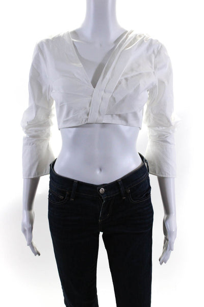 ALC Womens Ruched Poplin 3/4 Sleeve V Neck Crop Top Blouse White Size 2