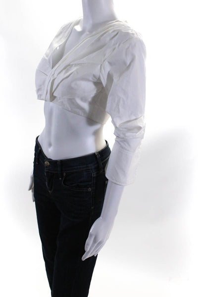 ALC Womens Ruched Poplin 3/4 Sleeve V Neck Crop Top Blouse White Size 2