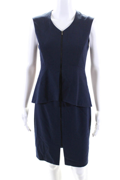 BCBG Max Azria Womens Front Zip V Neck Peplum Sheath Dress Navy Blue Size 4