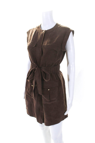 J Crew Womens Linen Tie Waist Zip Up Knee Length Sleeveless Dress Brown Size 2