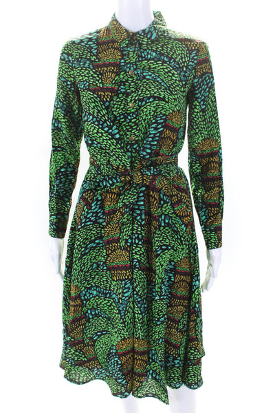 Soi Paris Womens Abstract Print Long Sleeve Flared Hem Shirt Dress Green Size 36