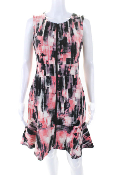 Ellen Tracy Womens Zip Up Sleeveless Crew Neck Abstract Dress Pink Black Size 2