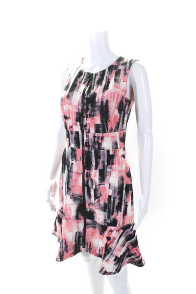 Ellen Tracy Womens Zip Up Sleeveless Crew Neck Abstract Dress Pink Black Size 2