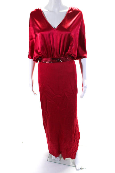 St. John Womens Santana Knit Satin V Neck Midi Sheath Dress Gown Red Size 2