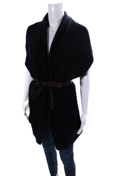 Vince Womens Short Dolman Sleeve Leather Belted Cardigan Sweater Navy Size Small