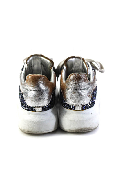 Alexander McQueen Womens Leather Glitter Platform Sneakers Navy Size 37.5 7.5