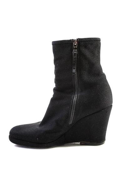 Prada Womens Fabric Zip Up Wedges Mid Calf Boots Black Size 37.5 7.5